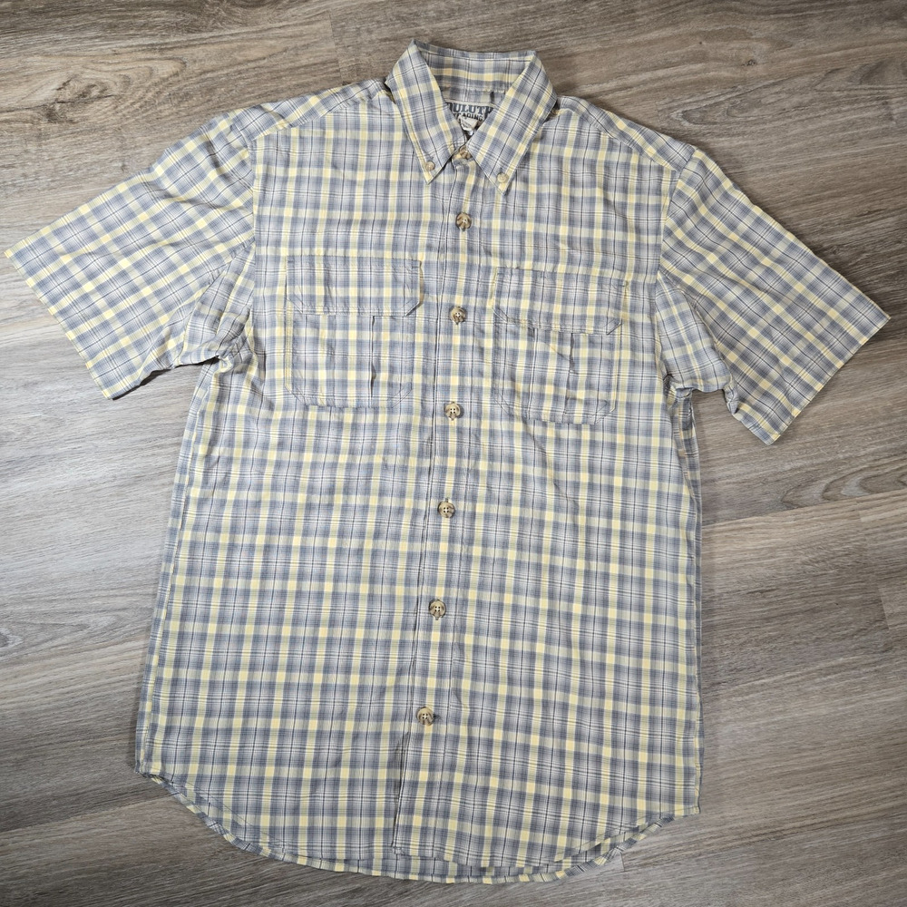 Duluth Trading Shirt Mens S Yellow Plaid Button Down Short Sleeve Fishing